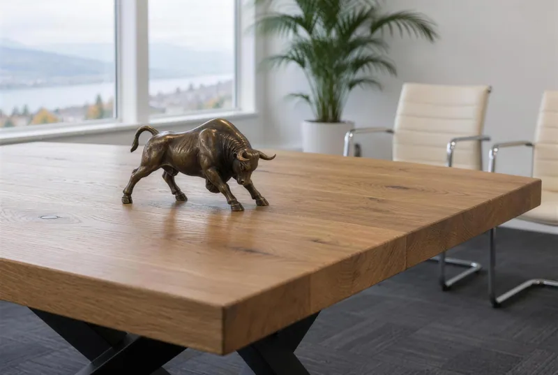 Eine Bronzefigur eines Stiers auf dem Eichentisch im Sitzungszimmer von Kneubühler Finanz